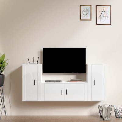 vidaXL Set comodă TV, 3 piese, alb extralucios, lemn prelucrat foto