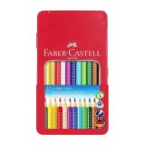 Cumpara ieftin Creioane colorate 12 culori triunghiulare cu grip, in cutie de metal, Faber Castell FC112413