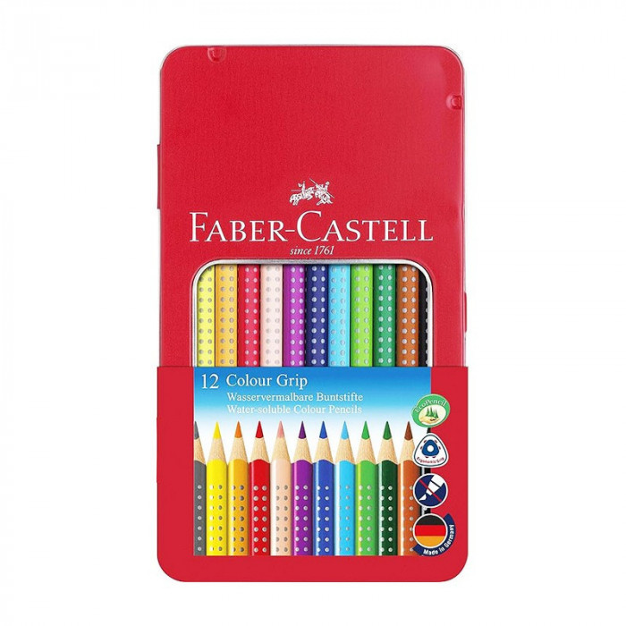 Creioane colorate 12 culori triunghiulare cu grip, in cutie de metal, Faber Castell FC112413