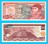Mexic (p#64) 20 Pesos 1977 UNC 'Quetzalcoatl' serie: L 3662550; (ROG CITITI DETALIILE!)
