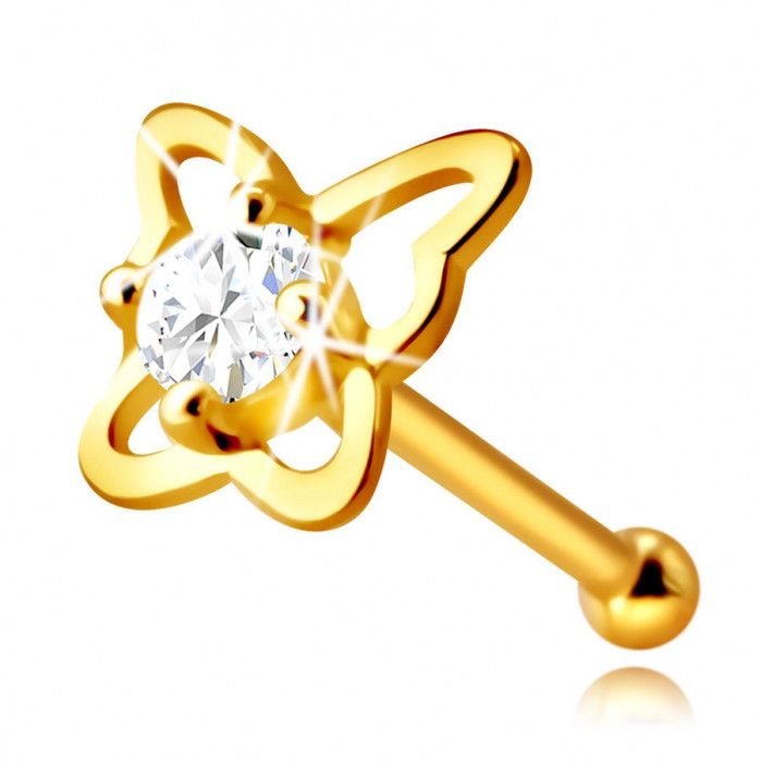 Piercing pentru nas din aur galben 14K - contur de fluture cu un diamant, de 2,25 mm