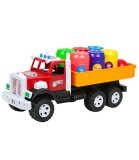 Camion autobasculanta jucarie din plastic cu 6 conserve si bilute, 3 culori, dimensiune 47cm, recomandat peste 3 ani, fabricat in Ucraina