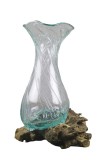 Cumpara ieftin Vaza flori sticla cu suport lemn 14 x 14 x 30 cm