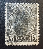 Rom&acirc;nia (Principatele Unite / Regatul Rom&acirc;niei) 1889-Marcă Poștală Definitive Regele Carol I (Cu Barba) 15 Bani Negru-Gri / Bistru-Negru Uzată -TG1
