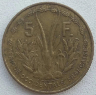 Moneda Africa Occidentala Franceza - 5 Francs 1956 foto