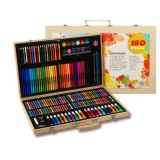 Set 180 Piese pentru Desen si Pictura, Tip Servieta din Lemn, Model Natur, 46 x 30.9 x 4.1 cm, Multicolor
