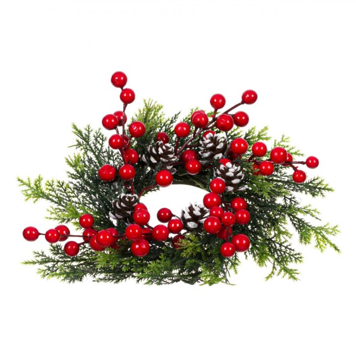 Aranjament decorativ pentru masa de Craciun, model coronita de pus lumanare cu Fructe si Con, 24 cm, Multicolor
