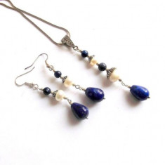 Set bijuterii lapis lazuli si perle naturale, pandantiv si cercei 38948