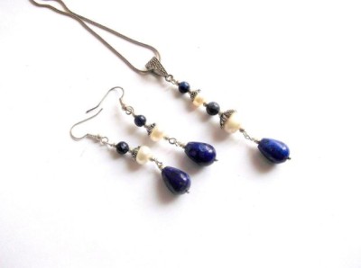 Set bijuterii lapis lazuli si perle naturale, pandantiv si cercei 38948 foto