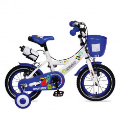Bicicleta pentru baieti cu roti ajutatoare si cosulet 12 inch Little Monster Blue foto