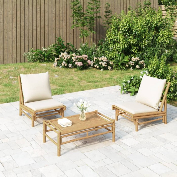 Gossi set mobilier de gradina, cu perne alb crem, 3 piese, bambus