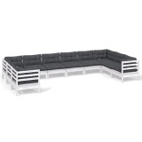 Set mobilier de gradina cu perne, 10 piese, alb, lemn masiv pin