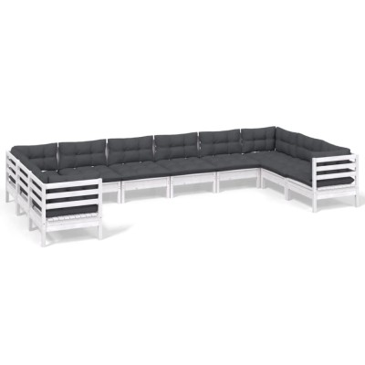 Set mobilier de gradina cu perne, 10 piese, alb, lemn masiv pin foto