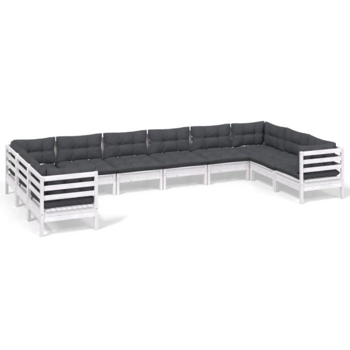 Set mobilier de gradina cu perne, 10 piese, alb, lemn masiv pin