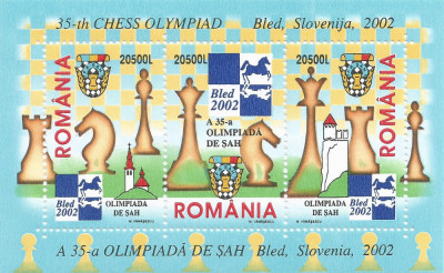 Romania, LP 1595/2002, A 35-a Olimpiada de Sah, Bled, Slovenia, triptic, MNH foto