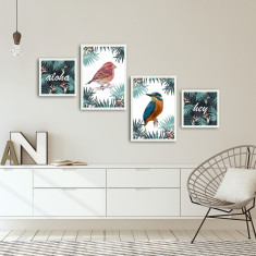 Set 4 tablouri decorative, Alpha Wall, Birds, 30x30/35x50 cm