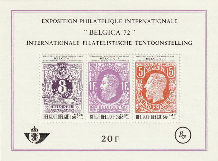 Belgia 1970-Expo &quot;Belgica&quot; &#039;72,Expozitii,Regi, Lei,Bloc dantelat ,MNH,Mi.Bl.42