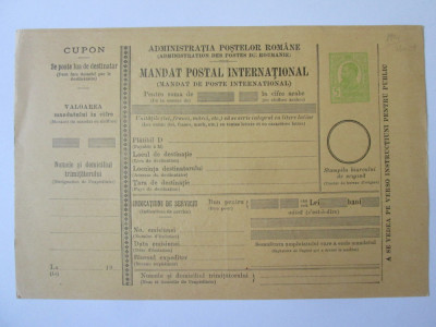 Mandat postal international tipografiat nefolosit 1910 timbru verde 5 Bani foto