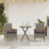 Gossi set bistro cu perne, 3 piese, gri, poliratan si lemn acacia