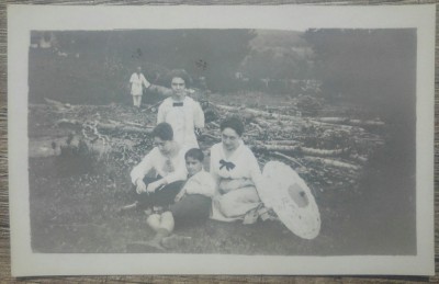 Grup de domnisoare, taran curatind copaci in fundal/ fotografie foto