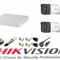 Sistem supraveghere video Hikvision 2 camere 5MP Turbo HD IR 40 M cu DVR Hikvision 4 canale full accesorii, internet SafetyGuard Surveillance