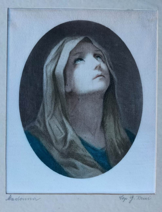 Fecioara Maria, copie color semnată pe mătase, după Guido Reni