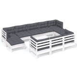 Set mobilier de gradina cu perne, 11 piese, alb lemn masiv pin