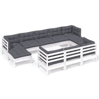 Set mobilier de gradina cu perne, 11 piese, alb lemn masiv pin foto