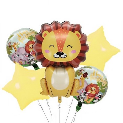 Set 5 baloane din folie metalizata, flippy, figurine, tema aniversare jungla, pai inclus, ambalaj individual, umflare cu aer sau heliu, figurina leu 6 foto