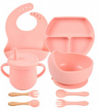 Set 8 piese hranire si diversificare bebelusi HAWIRE, silicon, 1 baveta, 1 farfurie compartimentata, 1 bol cu ventuza, 2 lingurite si 2 furculite, 1 c