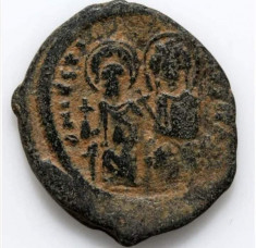 Moneda bizantină, 1/2 follis, Iustin II, Constantinopol 565-572 E. N. foto