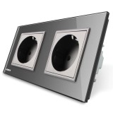 Priza dubla Livolo VL-C7C2EU-15, incastrat, contact de protectie, rama din sticla inclusa, gri