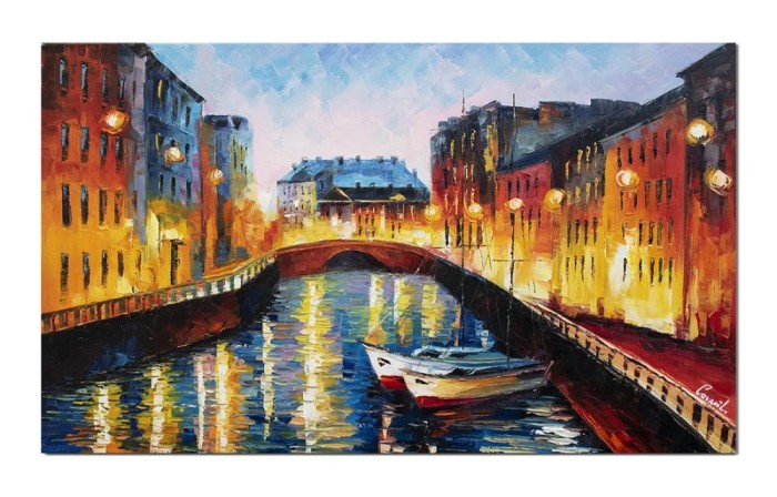 Tablou cu veliere in Amsterdam pictat manual, 100x60cm ulei pe panza in cutit efect 3D, Spectaculos