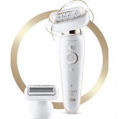 Epilator Braun Silk-epil Beauty set 9-002, 40 de pensete, Wet&amp;Dry, SensoSmart™, MicroGrip, Cap flexibil, Alb/Auriu