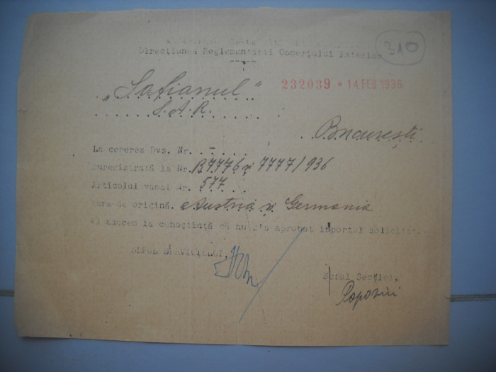 HOPCT DOCUMENT VECHI 310 MINISTERUL INDUSTRIEI COMERT EXTERIOR /BUCURESTI 1936