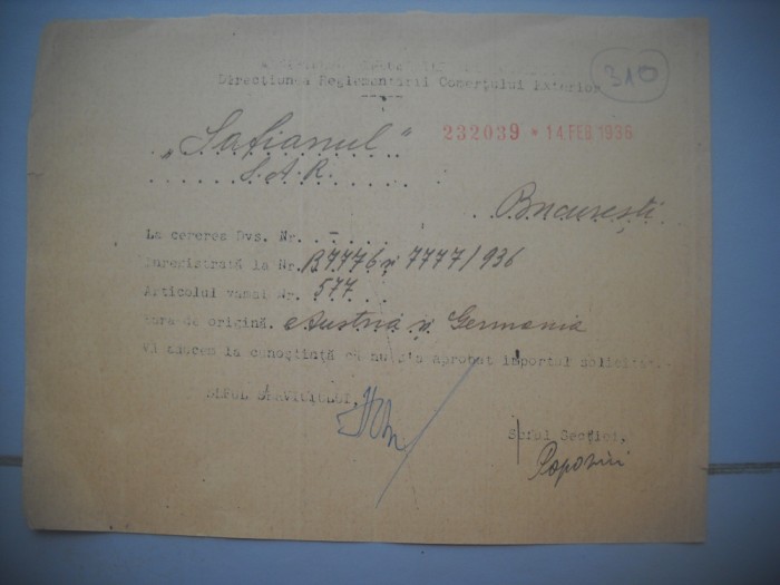 HOPCT DOCUMENT VECHI 310 MINISTERUL INDUSTRIEI COMERT EXTERIOR /BUCURESTI 1936