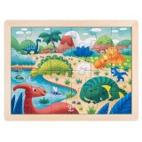 Puzzle Din Lemn 2 In 1 - Dinozauri (26 Piese), Cu Fata Dubla Si Activitate Colorare