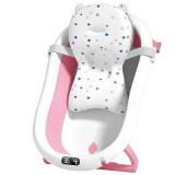 Cadita pliabila pentru bebelusi, cu termometru digital, dop de scurgere, picioare anti-alunecare, design ergonomic, fara BPA, alb/roz