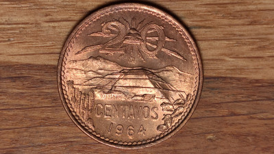 Mexic -bijuterie cupru rosu / red- 20 centavos 1964 UNC - piramida Teotihuacan foto
