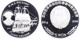 D2 Corea de Nord 5 won 2003 /Argint .999 , 20 g/Horatio Nelson and H.M.S. Victory/ PROOF