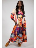 Cumpara ieftin Rochie Maxi Multicoloră cu Frida Kahlo, M&acirc;necă Lungă și Buzunare. Talie Unică (S-XL), Poliester/Elastan, Lungime 138cm