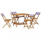 Cumpara ieftin Set mobilier de gradina 5 piese textil albastru alb/lemn masiv