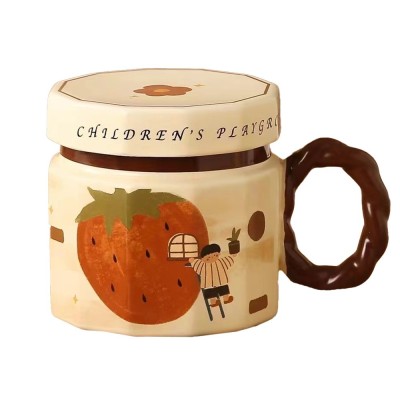 Cana din ceramica, Cyrax, Cana pentru Cafea, Ceai, Cana Universala, Unisex, Cana cu Capac, 9 x 8 x 8 cm, 400 ml, Model Capsuna, Bej foto