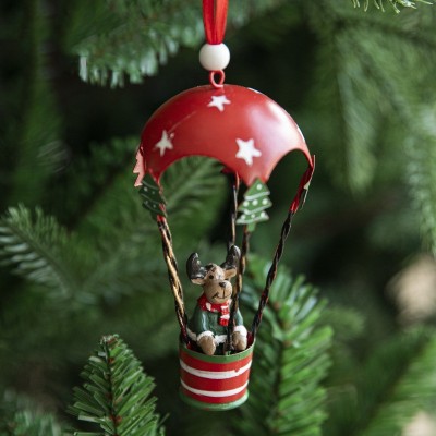 Figurina pentru Brad de Craciun, Flippy, Model Ren in Balon cu Aer Cald, Ornament pentru Brad, din Metal, 11 x 5.5 x 5.5 cm, Rosu inchis foto
