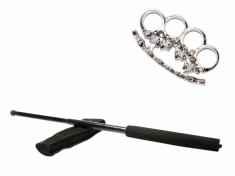 Set baston telescopic negru 50 cm si pumnal/box craniu argintiu