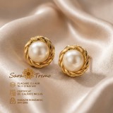 Cercei Perla Regina cu perle albe si montura aurie rasucita, placati cu aur 18K, 1,5 cm Brazilia