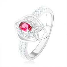 Inel din argint 925, contur de lacrimă ascuţit, zirconiu roz, linie în formă de V - Marime inel: 52