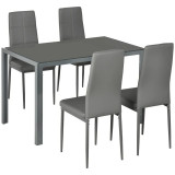 Masa pentru sufragerie/bucatarie + 4 scaune, metal, piele PU, blat sticla, gri, 120x70x75 cm GartenVIP DiyLine, ART
