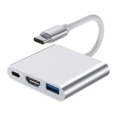 Adaptor multifunctional 3 in 1 USB-C la HDMI Techstar&reg; DJ3IN1, HDMI 4K, 1 x USB 3.0, 1 x USB C, PD Port, Argintiu