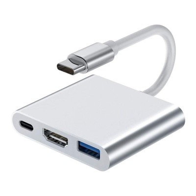 Adaptor multifunctional 3 in 1 USB-C la HDMI Techstar&amp;reg; DJ3IN1, HDMI 4K, 1 x USB 3.0, 1 x USB C, PD Port, Argintiu foto